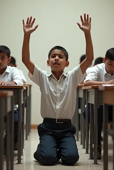 A Egyptian 1  boy wearing Egyptian school uniform kneeling straight in the class room corner against the wall with both his hands straight high up above his head in the air. Boy hands in pain and other students studying 