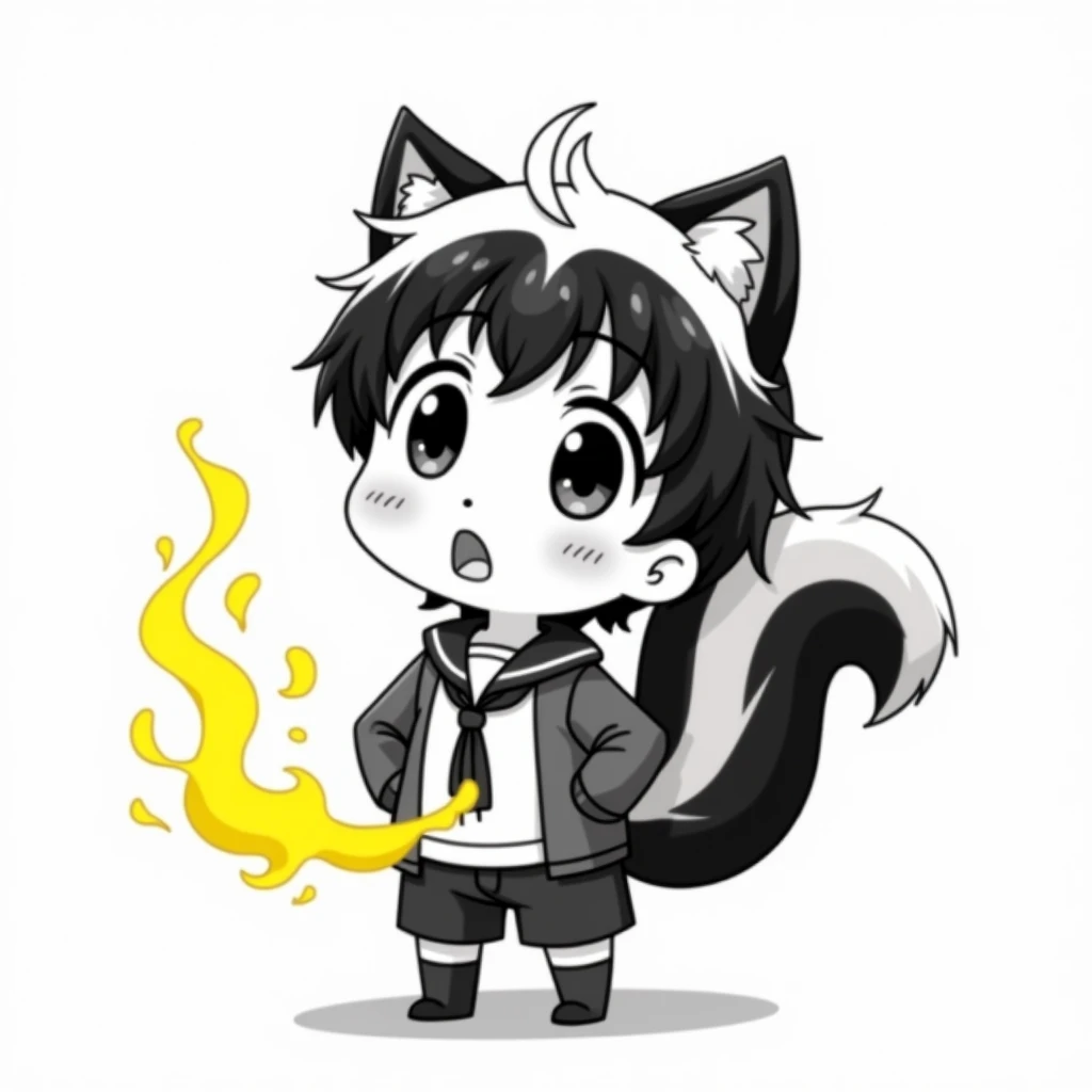 One of the humans、Primary school students、anime、animeチック、Skunk ears and tail、child、Fart、solo、Black and white clothes、Yellow gas coming from the butt、odor