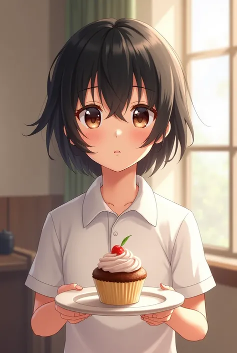 Boy with long black hair in a white polo shirt holding a plate with a cupcake