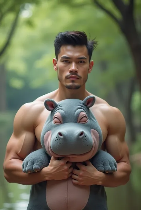 A hyperrealistic photo of a good looking 3 Thai man. His body is dressed in  a realistic baby hippo mascot, holding the headpiece of the hippo mascot in his hands, revealing his head (his head wears nothing). The costume is chubby and adorable, with the ap...