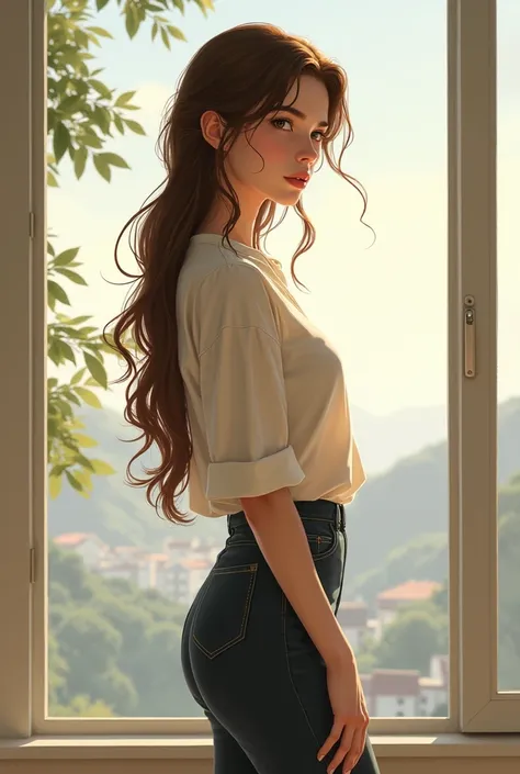 A young woman with fair skin, Long brown hair, and eyes of the same color. She has a thin appearance, weighing between 50 and 70 kg. Your body is slim and well defined, with delicate features. She wears a simple light-colored blouse and a skirt that reache...