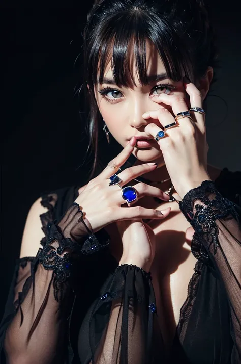 (masterpiece, Highest quality, Highest quality, Official Art, Beautiful and aesthetic:1.2), (left hand:1.3), Very detailed,(Sapphire ring on the ring finger:1.2),Highly detailed,(up:1.2), (Static Pose), (Black Background:1.5), (:1.2), (diagonal), 