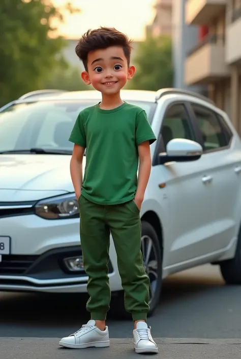 A Uzbek student boy near to own White Nexia 2 Korean car . A boy wear green tshirts and green trousers and shoess color white 