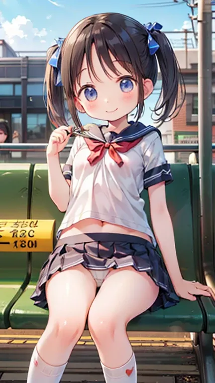 cute, train, school wear, mini skirt, white socks, ((3girls), ((loli)), baby face, sitting on the train bench, blush:1.5, small breasts, happy smile, from below, panty shot