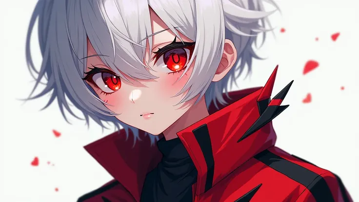 A character with red eyes, white hair, wearing a red and black jacket in the shape of a boy, and short hair, . Anime