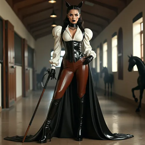 Femme, habit équitation, chemisier latex blanc, larges épaulettes latex blanc, corset latex noir, pantalon large équitation latex marron foncé, collier très large bandeau latex marron, bottes cuissades équitation latex noir, talons aiguilles, cravache main...