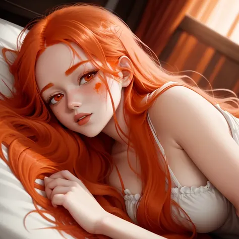 Cartoon close-up of a woman lying in bed with blood on her face., Long orange hair floating in the air., Color Manga Panel, Color spread, Orange skin and long hair flare up., She has red hair.ยาว, Color screentone, Color Manga Panel, Pale females covered w...