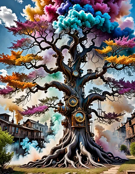 dream like tree of live, colorful smoke, insane details, steampunk details, intricate details, hyperdetailed, ultra realistic, ultra detailed, photorealistic