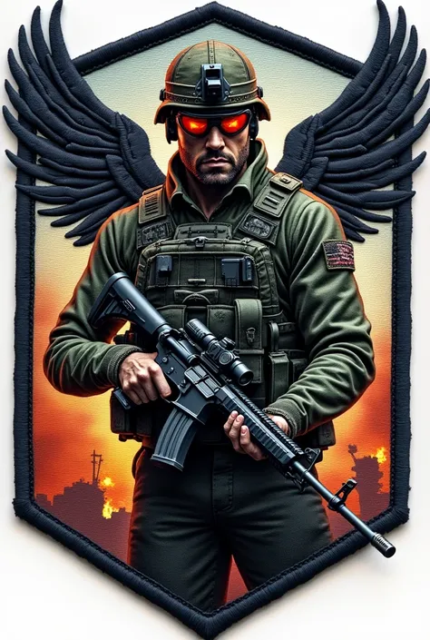 Military mechanic patch that carries a wrench with a machine gun and he wears night goggles with wings in the background