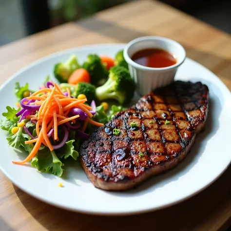 Create an image of a well-balanced meal consisting of a grilled steak on the right side of a white plate, accompanied by a colorful salad with mixed greens, shredded carrots, purple cabbage, and corn on the left side. Include steamed vegetables such as bro...