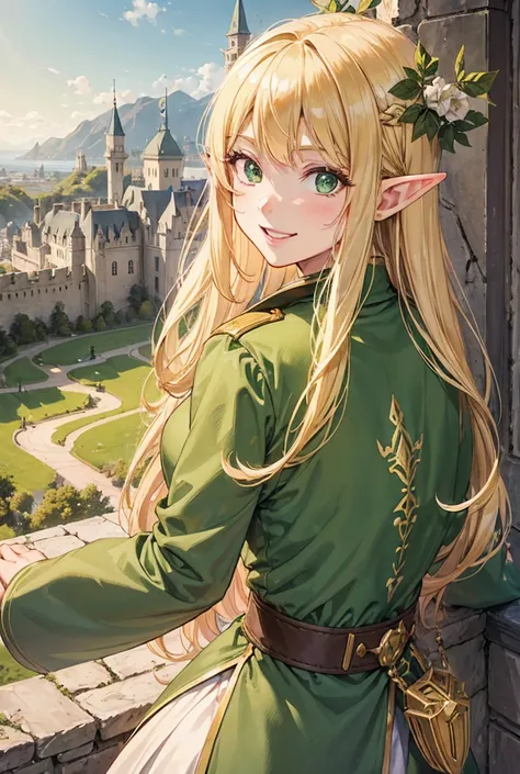 One Girl, Long Hair, Big smile, blonde, Green Eyes, princess, Fortress, Highest quality, High Resolution Model, Elf, Overlooking, 