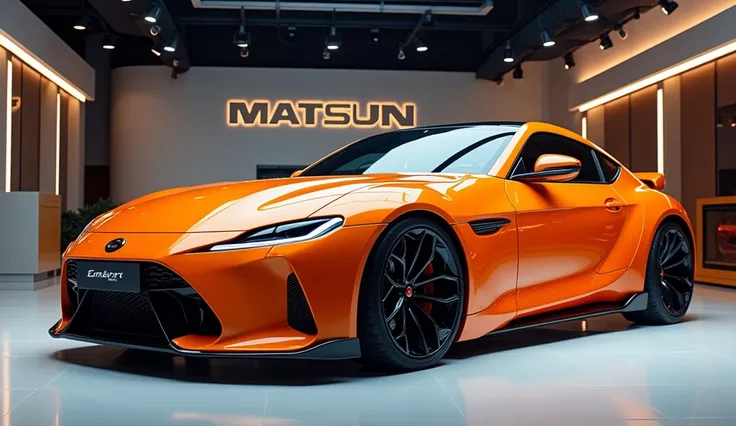 Orange color 2025 Matsun 240Z showroom background logo in 2025 Matsun 240Z in luxurious showroom