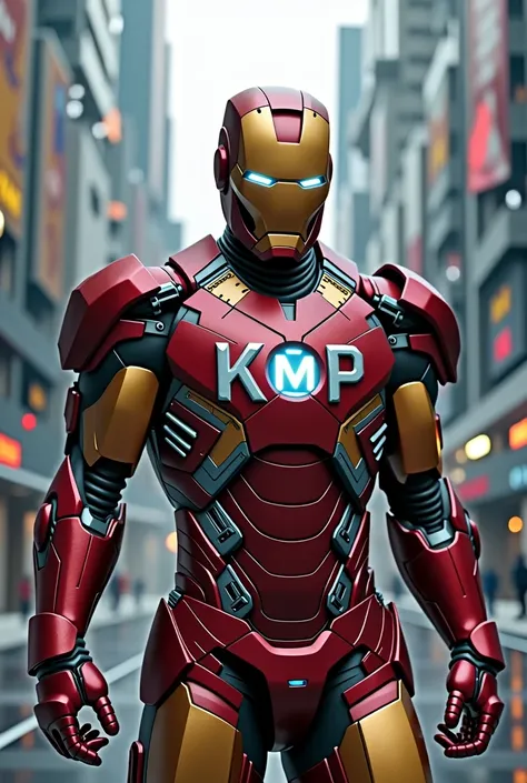 IRON MAN WITH THE LETTERS KMP ON HIS ARMOR 