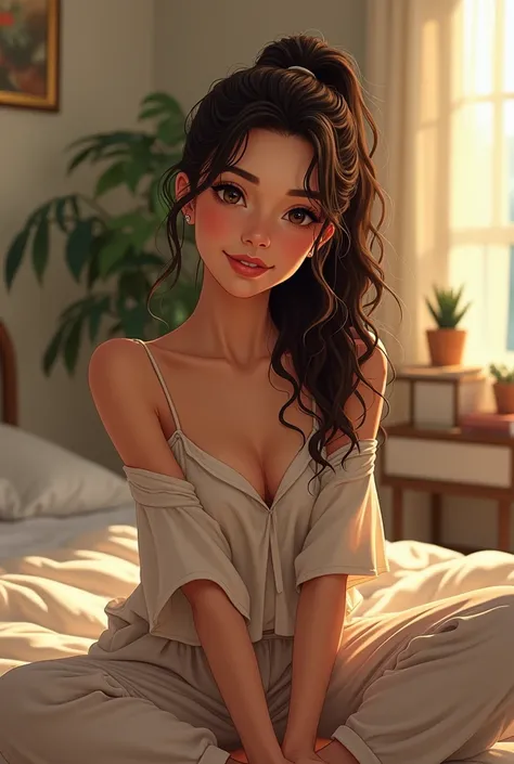 (photorealism:1.2), beautiful woman, sitting on bed, wearing loose off-shoulder top, pajama pants, long curly hair, indoors, soft lighting, plants in background, window with sunlight, cozy room, relaxed pose, realistic, intricate details, warm colors, by G...