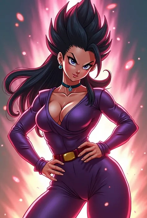 A girl with beautiful detailed eyes, beautiful detailed lips, extremely detailed face, longeyelashes, muscular body and arms, wearing vegeta outfit , dragonball z art style,akira toriyama, best quality, masterpiece, raising right eyebrow, thick eyeliner, t...