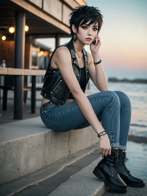 individual，Black short hair，Messy hair，Bangs on the left，Punk Makeup，cool，Photorealism，detailed，masterpiece，Young Girl，Jeans short、Leather vest，boots，aldult，（Punk Girl），earrings、Lip Studs，Eyeshadow，high quality，Sitting by the seaside，Sitting with legs spre...