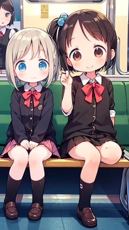 cute, train, school wear, mini skirt, white socks, ((3girls), ((loli)), baby face, sitting on the train bench, blush:1.5, small breasts, happy smile, from below, panty shot