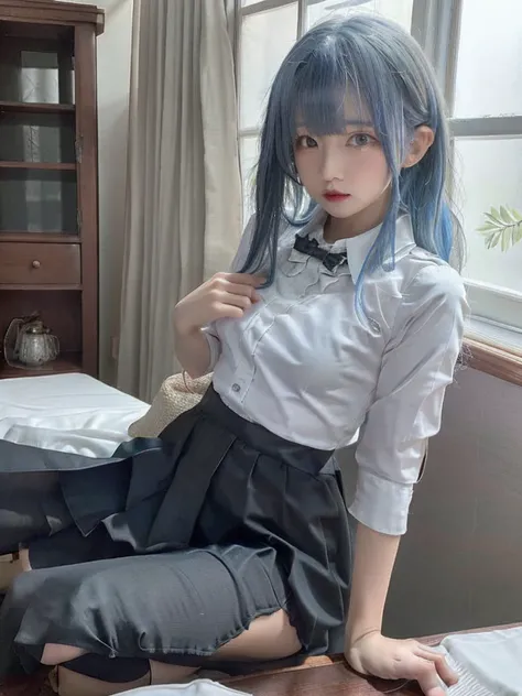 masterpiece, Highest quality, Beautiful woman、Slender woman、White blouse、Rolling up his sleeves a little、Black pants、The background is by the window、Bangs are angled(Left/right imbalance)、Blue Hair