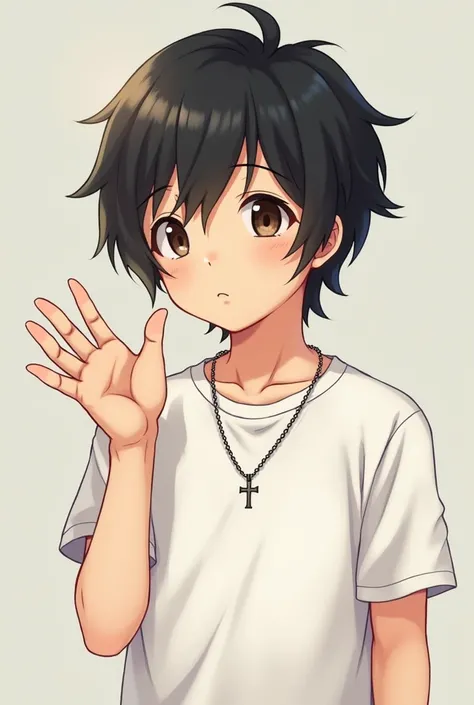 Boy with medium black hair in white polo shirt with a cross chain around his neck waving