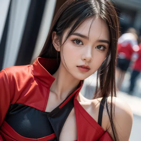 Super detailed photos、Detailed face、Cool woman、black and red costume, waering traditional japanese Cosplay, big breast, The Grid Girls&#39; red and black color costume、adult costume show breast, Perfect Face、dynasty Girls、dynasty girl、harem、showing breast,...