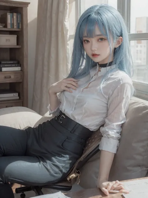 masterpiece, Highest quality, Beautiful woman、Slender woman、White blouse、Rolling up his sleeves a little、Black pants、The background is by the window、Bangs are unbalanced、Blue Hair