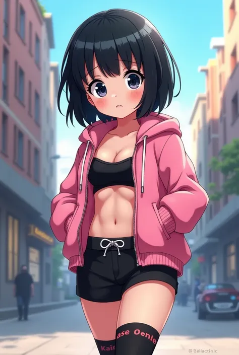 Adorable teen girl with short black hair with bangs, wears a pink hoodie which is unzip and can see her sports bra and she also wears black shorts with long socks until her knees. My hero academia. 
