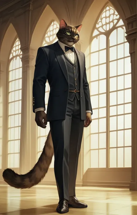 Cat in suit and tie standing by window, in a strict suit, in a strict suit, Portrait with a complete view of a standing figure , Dark suit, epic and classy portrait, highly detailed exquisite fanart, Official Character Art, well - dressed, dignified aristo...