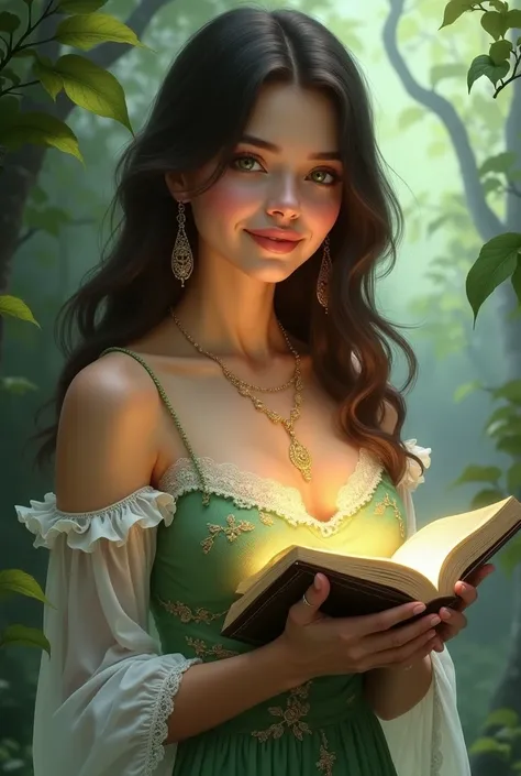 A woman is smiling, she has dark brown hair and green eyes, she is wearing a very beautiful dress. She has a book in her hands. fantasy book cover.