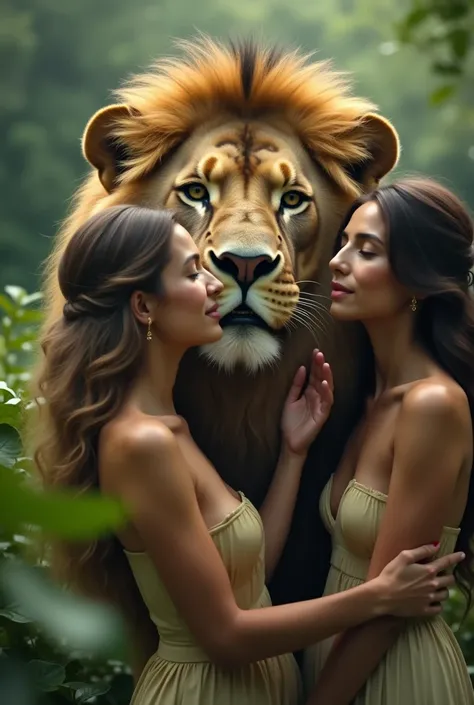 Generate a video of women kiss lion