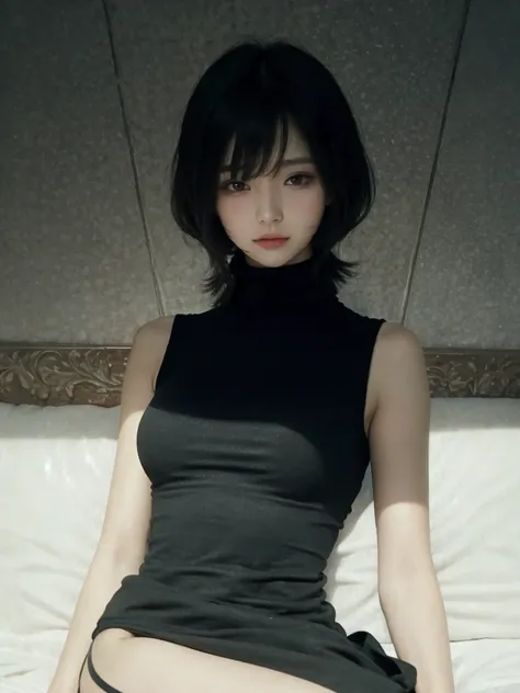 masterpiece, Highest quality, Beautiful woman、Slender woman、Shortcuts、black tight turtleneck、Tank tops