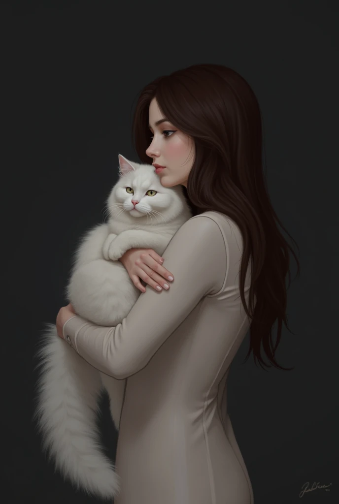 women with long dark coklat hair back view 
hug white cat in shoulder cover half she face with dark  background