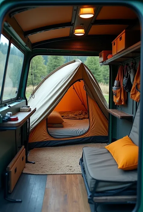 A tent from inside an off-road vehicle