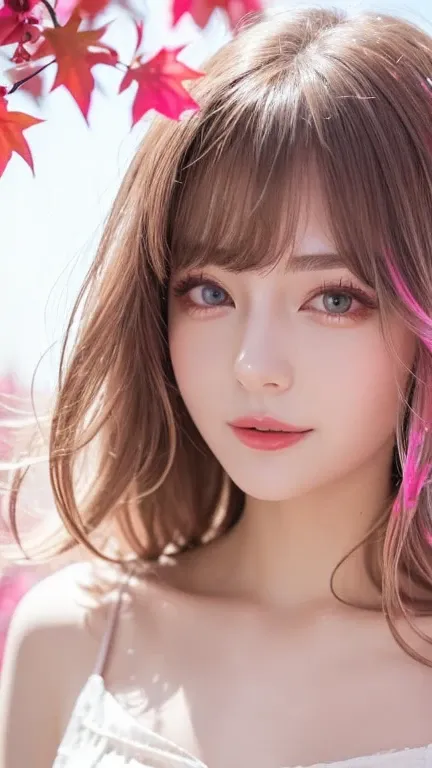 Light pink hair, Pink Eyes, Pink and white, Cherry leaves, Vibrant colors, White Dress, Paint splashes, Simple Background, Ray Tracing, Wavy Hair　、Face close-up