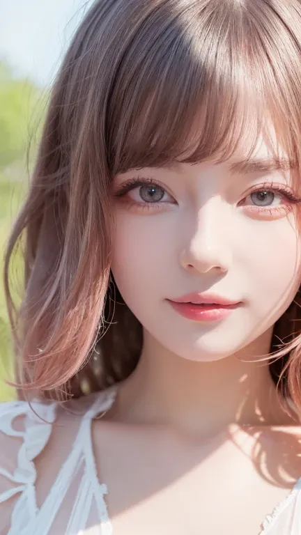 Light pink hair, Pink Eyes, Pink and white, Cherry leaves, Vibrant colors, White Dress, Paint splashes, Simple Background, Ray Tracing, Wavy Hair　、Face close-up