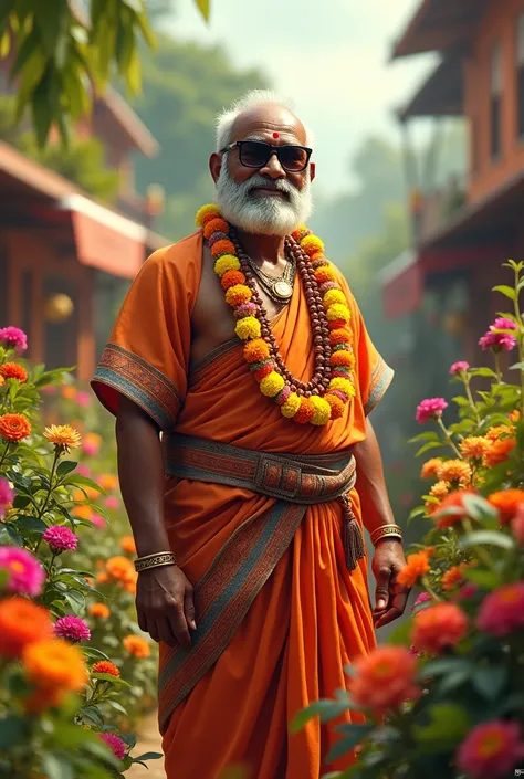 Mahabali as a pharmacist wearing sunglasses around flowers in Onam festival Ambience