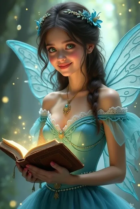 A woman is smiling, she has dark brown hair and green eyes, is wearing a blue fairy princess dress. She has a book in her hands. fantasy book cover.