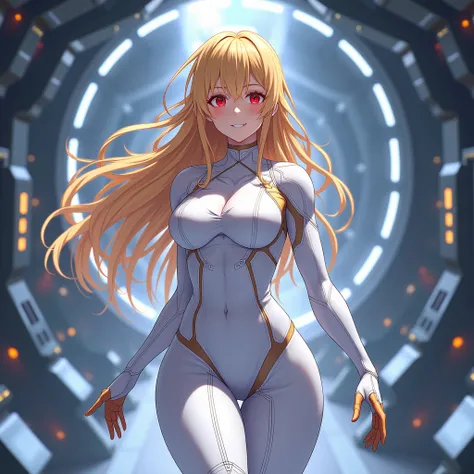 1 Anime Female，blonde，Long Hair，Red eyes，White leotard-style bodysuit，Long boots，Inside the space station，smile，High resolution, 