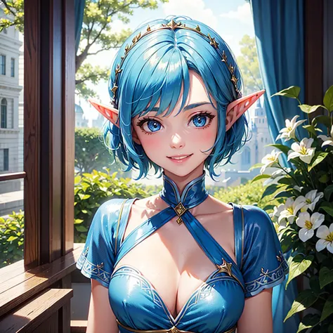 elf, short hair, blue hair, smile, princess, fancy dress