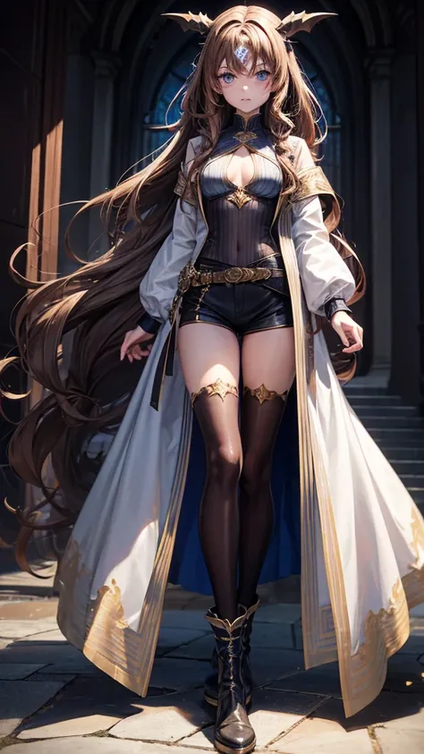 Girl with long light brown hair with waves, blue eyes medium breasts, Demonic mark on forehead and thin waist Long robe, medium shorts and small boots with long socks