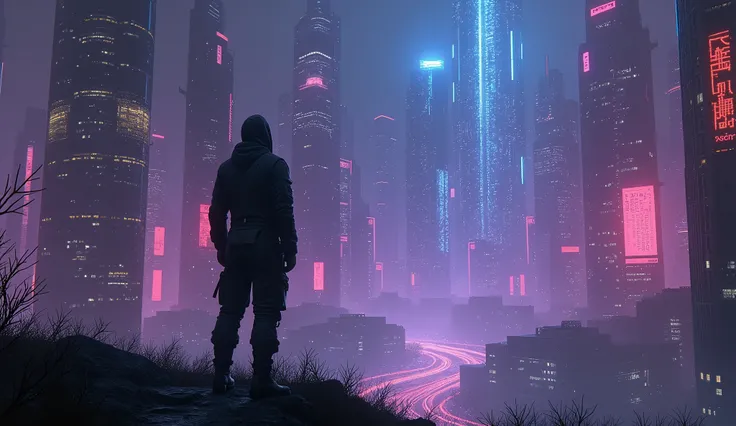 A dark, futuristic cityscape at night with towering metallic skyscrapers lit by glowing neon lights in deep purples, blues, and reds. The scene is enveloped in thick fog, with digital glitches subtly floating in the air. A large, abstract soundwave pattern...