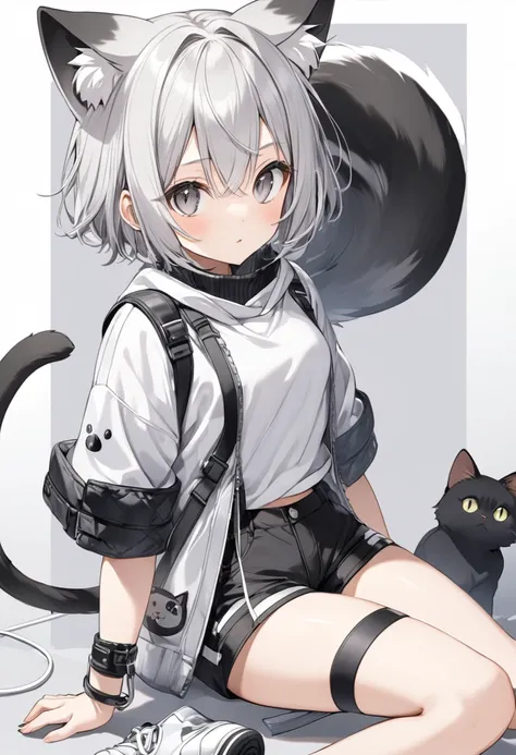 short hair, (gray eyes:1.5),  animal ears, tail, silver hair, shorts,  cat ear, cat&#39;s tail,  bikini swimwear(small breast:1....