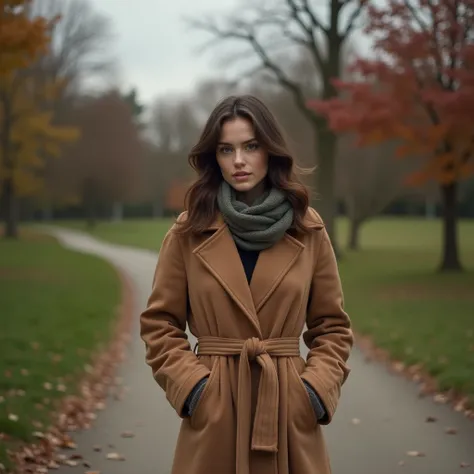 Arafed Femme, Fille sexy aux yeux verts, Portrait Sophie Mudd, cheveux bruns et grands yeux.
En fin d’après-midi, elle se promène dans un parc, vêtue d’un manteau camel ceinturé à la taille et de bottes hautes en cuir noir. Elle marche le long d’un sentier...