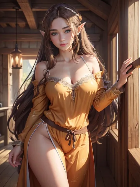 ((best quality))) (((HD))) (((8k))) (character) 20-year-old woman, ((adventurous)) elf, ((beautiful)) and ((happy)), ((brown hair)) and ((long hair)), voluptuous, Brown hair fit body large breasts thick thighs, ((long gown) and (pajamas)), fully clothed,or...