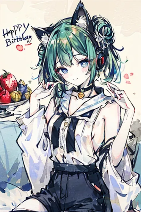 ((Highest quality)), ((masterpiece)), (detailed),Watercolor,Birthday Party,One Girl,((Green Hair,blue eyes,Short Bob,Double buns on both sides,Thin eyebrows)),break,((Cyber cat ear headphones)),break,small,cute,Makeup,（Embarrassed,smile）,（Birthday cake wit...