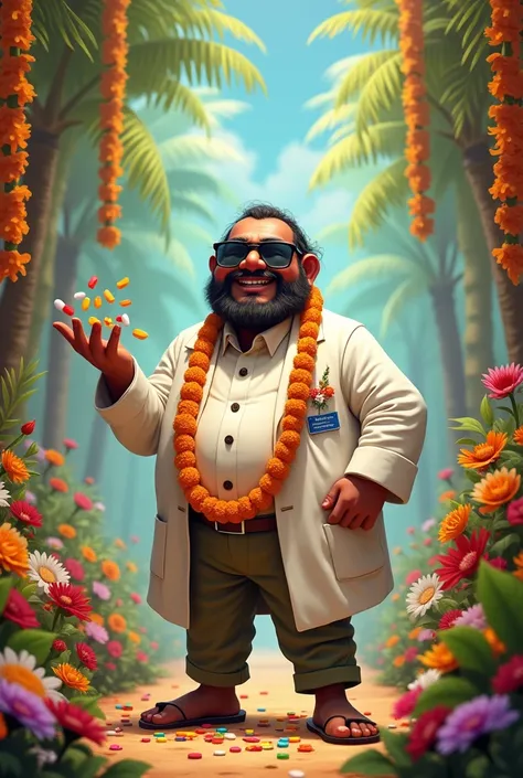 Onam fat Mahabali as a pharmacist wearing sunglasses with Tablets in his hand in his hand around flowers in Onam festival Ambience