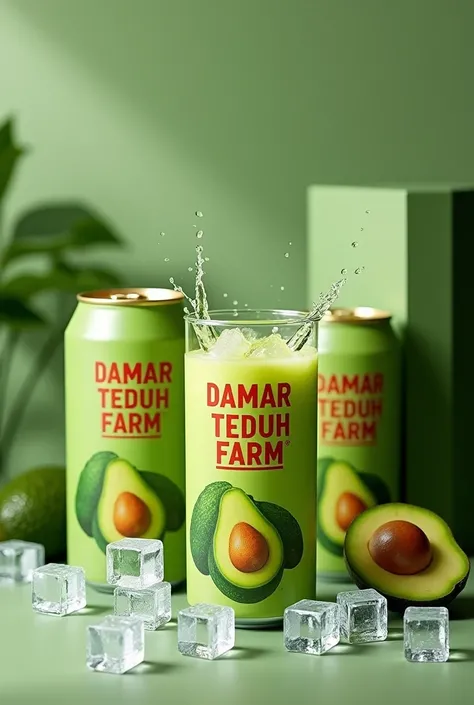 Avocado juice in elegant cans with a dominant color of green, with the nuance of fresh avocado fruit. The text written in large letters is Damar Teduh Farm in red, the letters are firm and can be read clearly. besides the packaging tin covekred with pieces...