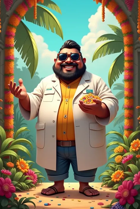 Onam fat Mahabali as a pharmacist wearing sunglasses with Tablets in his hand in his hand around flowers in Onam festival Ambience