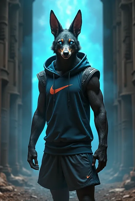 Anubis the guardian of the entrance to hell with blue eyes and Nike clothing