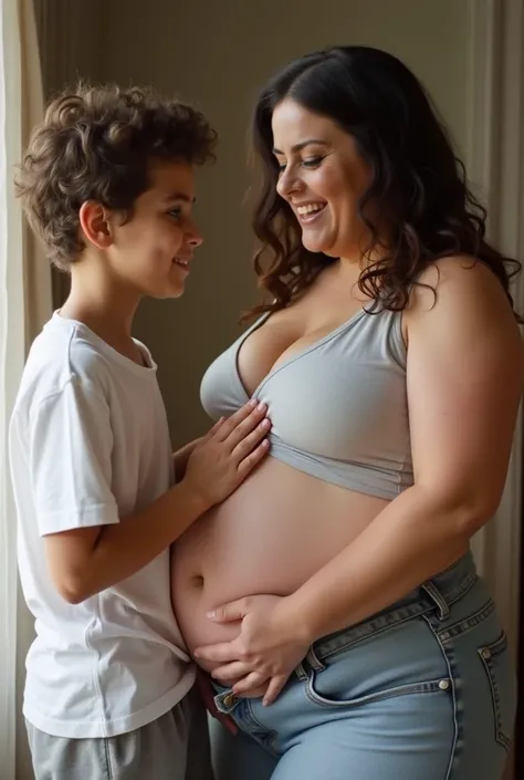 Make a pic where a mature chubby sexy mom and his young son presses her boobs.