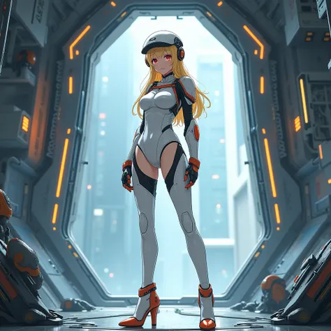 
1 Anime Female，blonde，Long Hair，Red eyes，White leotard-style bodysuit，High heel long boots，gloves，helmet，Inside the space station，smile，mechanical，whole body，High resolution,
